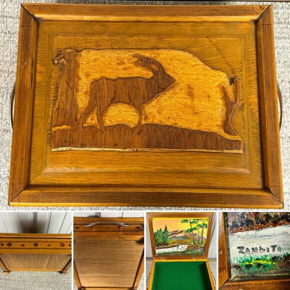 Beautiful Hand Carved Folk Art Box W Signed Painting On Inside- Kudu, Elk ? - Picture 1 of 13